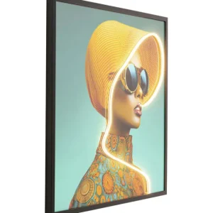 New KARE Design Framed Picture LED Sun Hat Woman Yellow 80x80cm