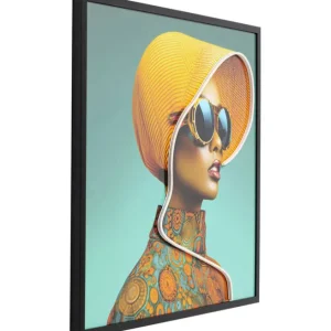 New KARE Design Framed Picture LED Sun Hat Woman Yellow 80x80cm